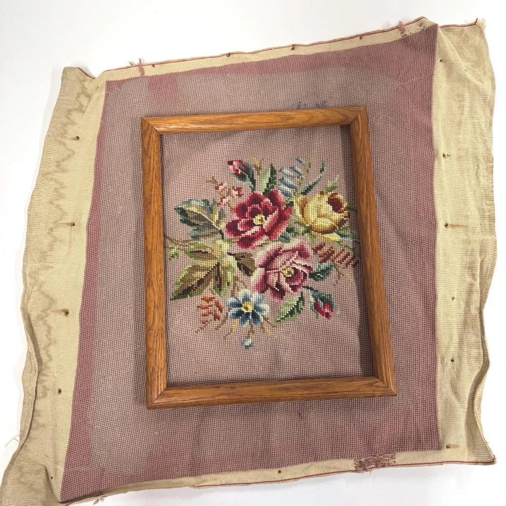 Vintage needlepoint tapestry floral decor
